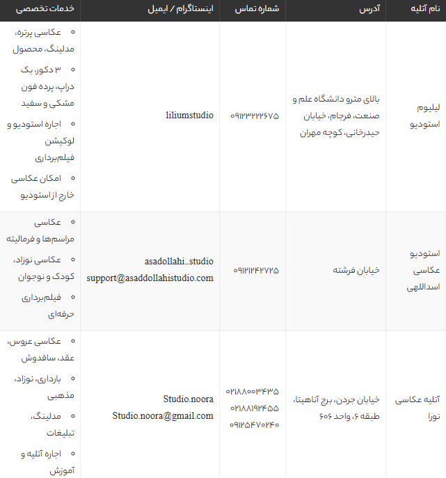 بهترین آتلیه های عکاسی تهران 1405 | معرفی ۶ استودیو برتر برای ثبت خاطرات شما